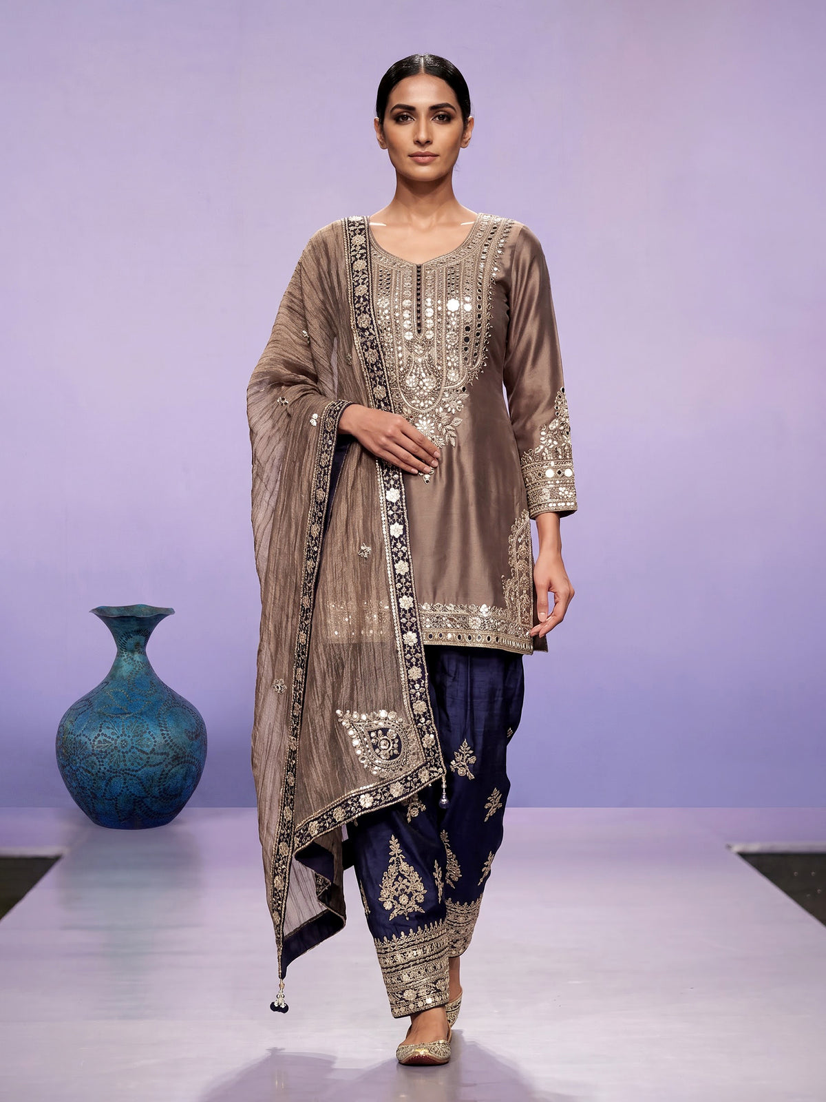 Beige mirrorwork festive women salwar suit