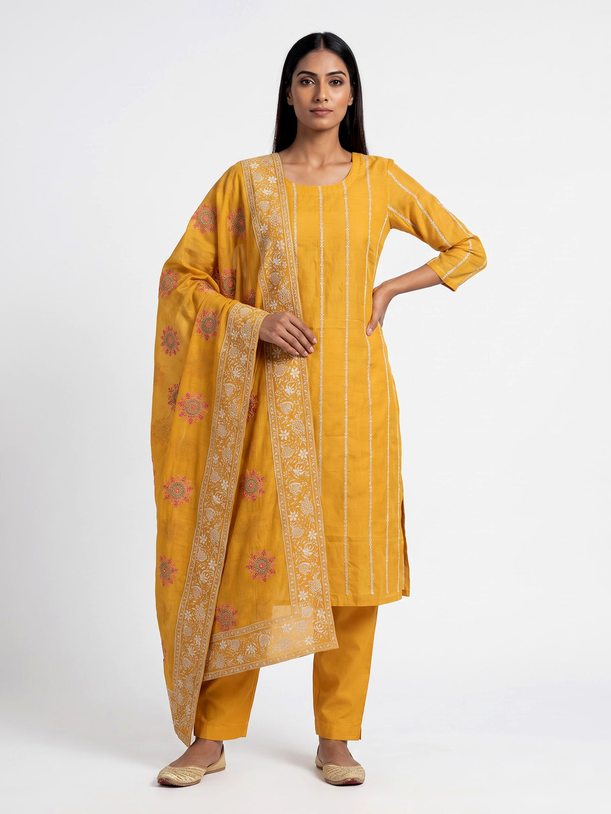 Yellow multicolour medallion women pant suit