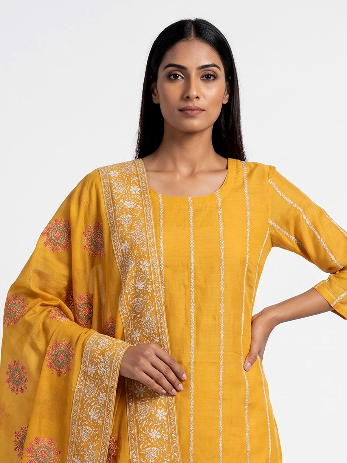 Yellow multicolour medallion women pant suit