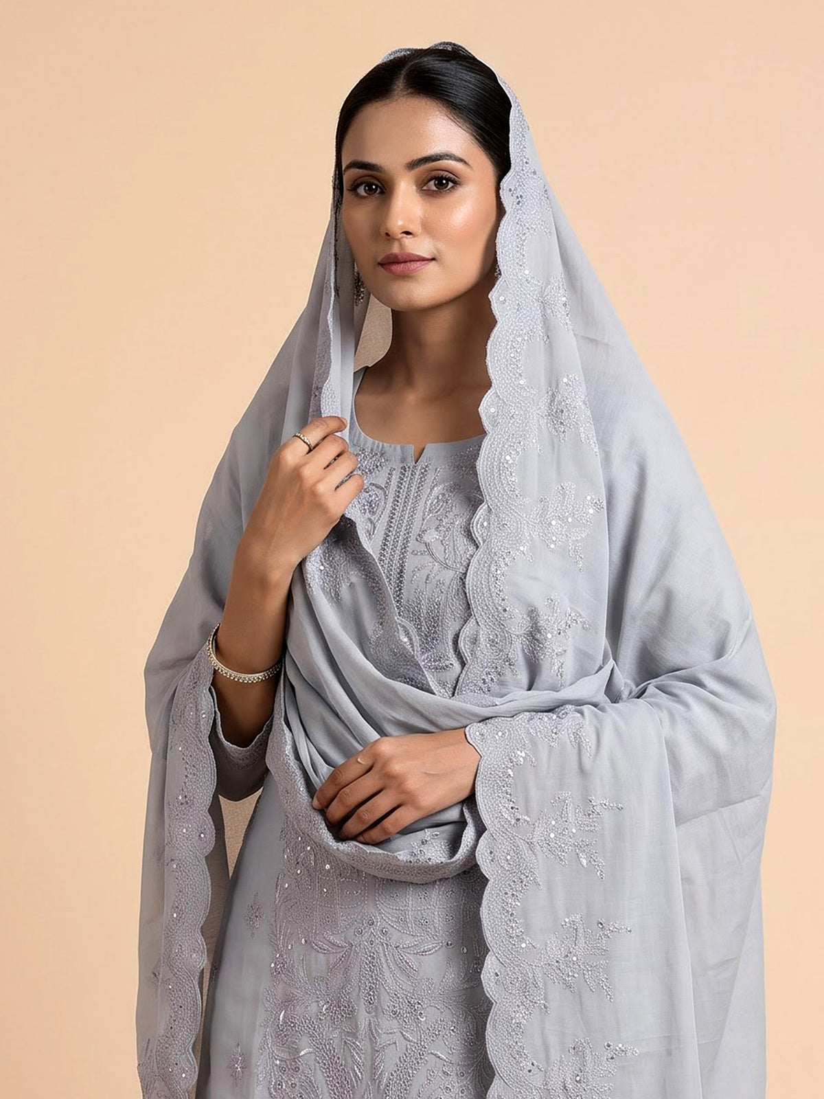 Grey mirrorwork botanical jaal women pant suit