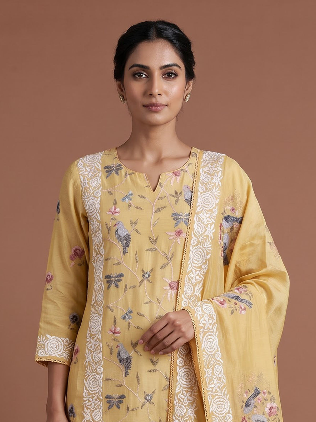 Yellow persian garden bird women pant suit