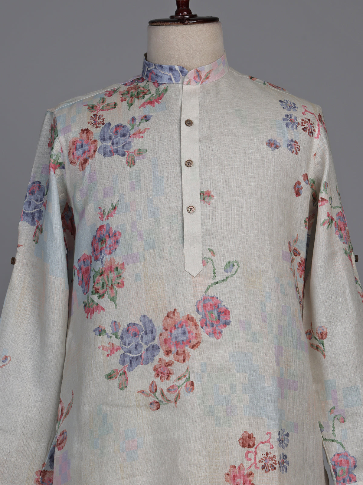 Off white floral printed linen kurta with mandarin collar
