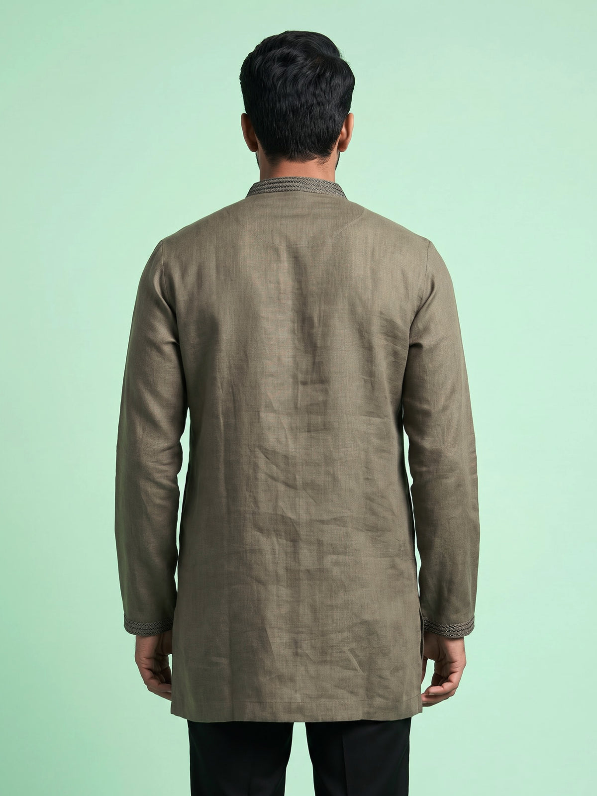Mehendi green linen short kurta with mandarin collar