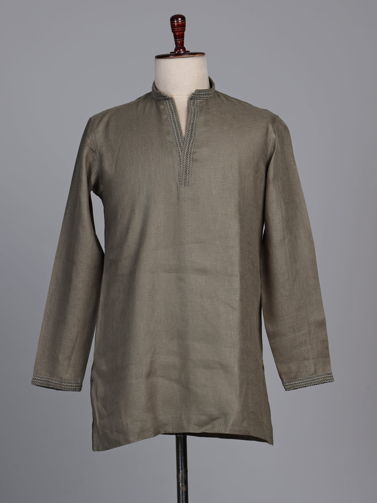Mehendi green linen short kurta with mandarin collar