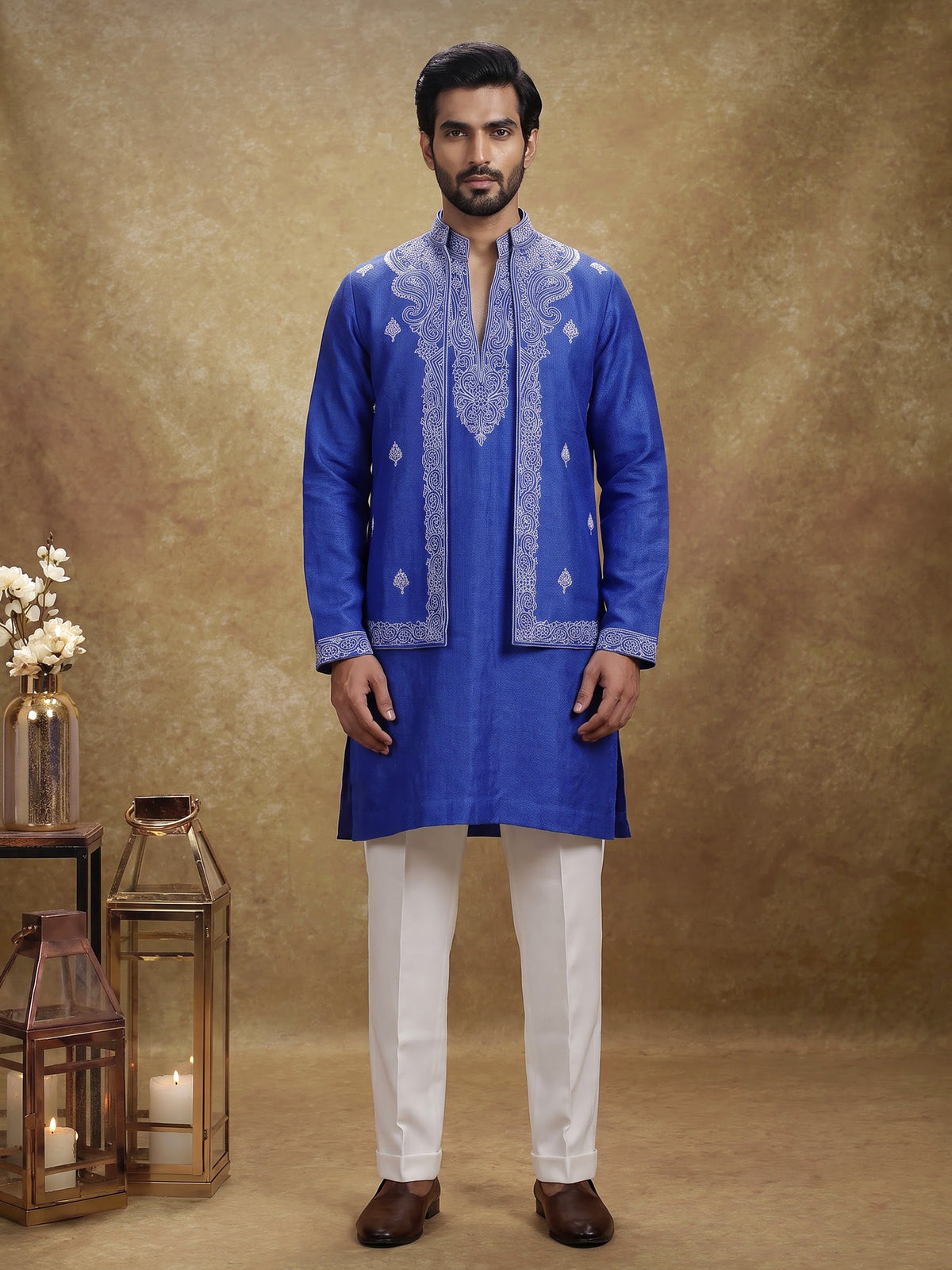 Blue embroidered jute waistcoat set
