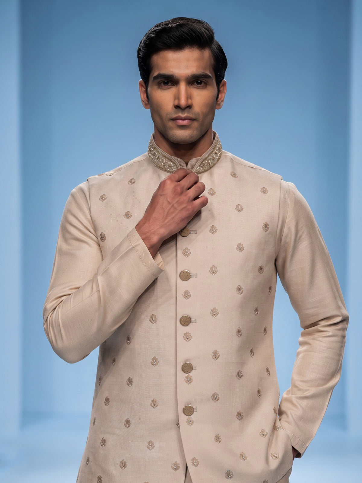 Antique beige zardosi embroidered bandhgala waistcoat set