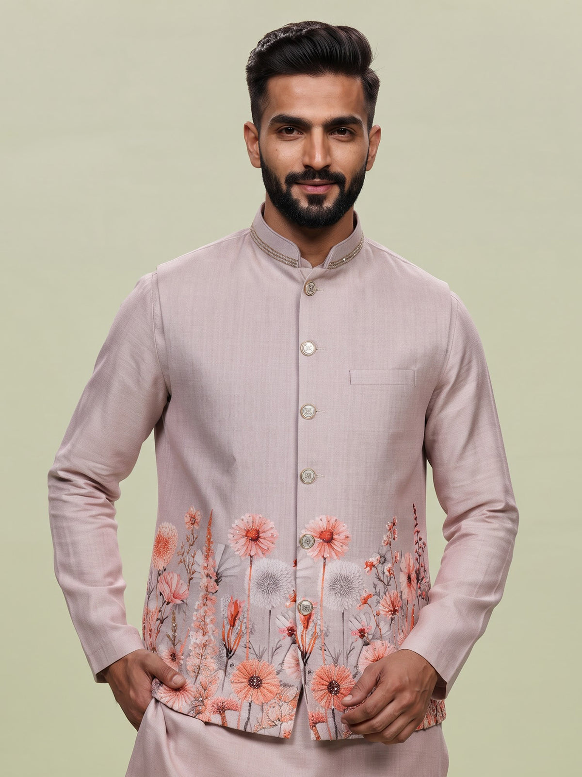 Blush pink floral print Nehru waistcoat kurta set
