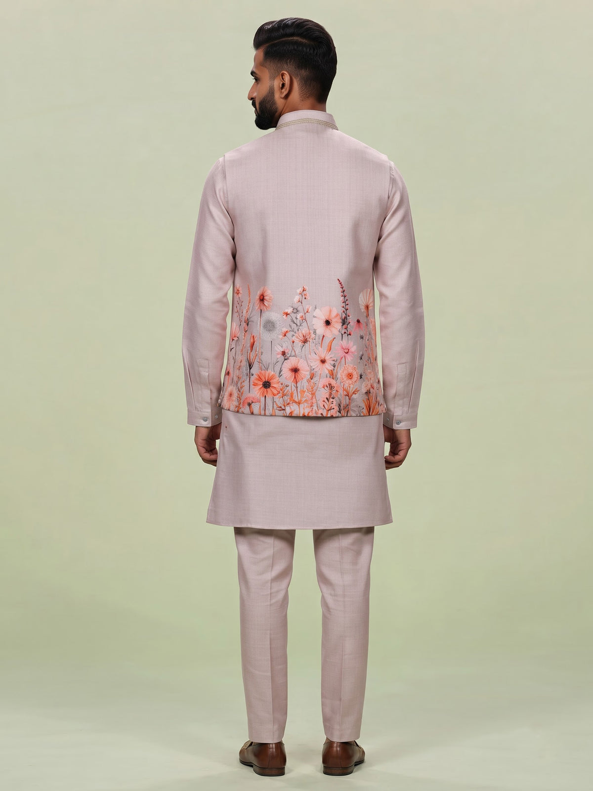 Blush pink floral print Nehru waistcoat kurta set
