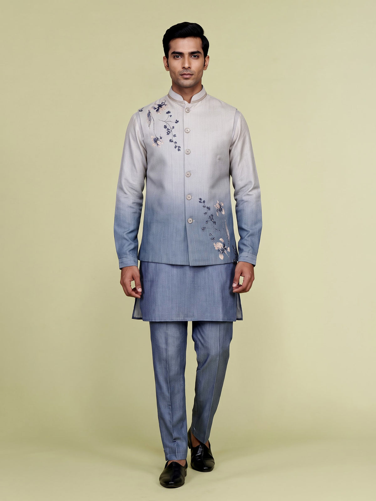 Slate blue ombre embellished waistcoat set