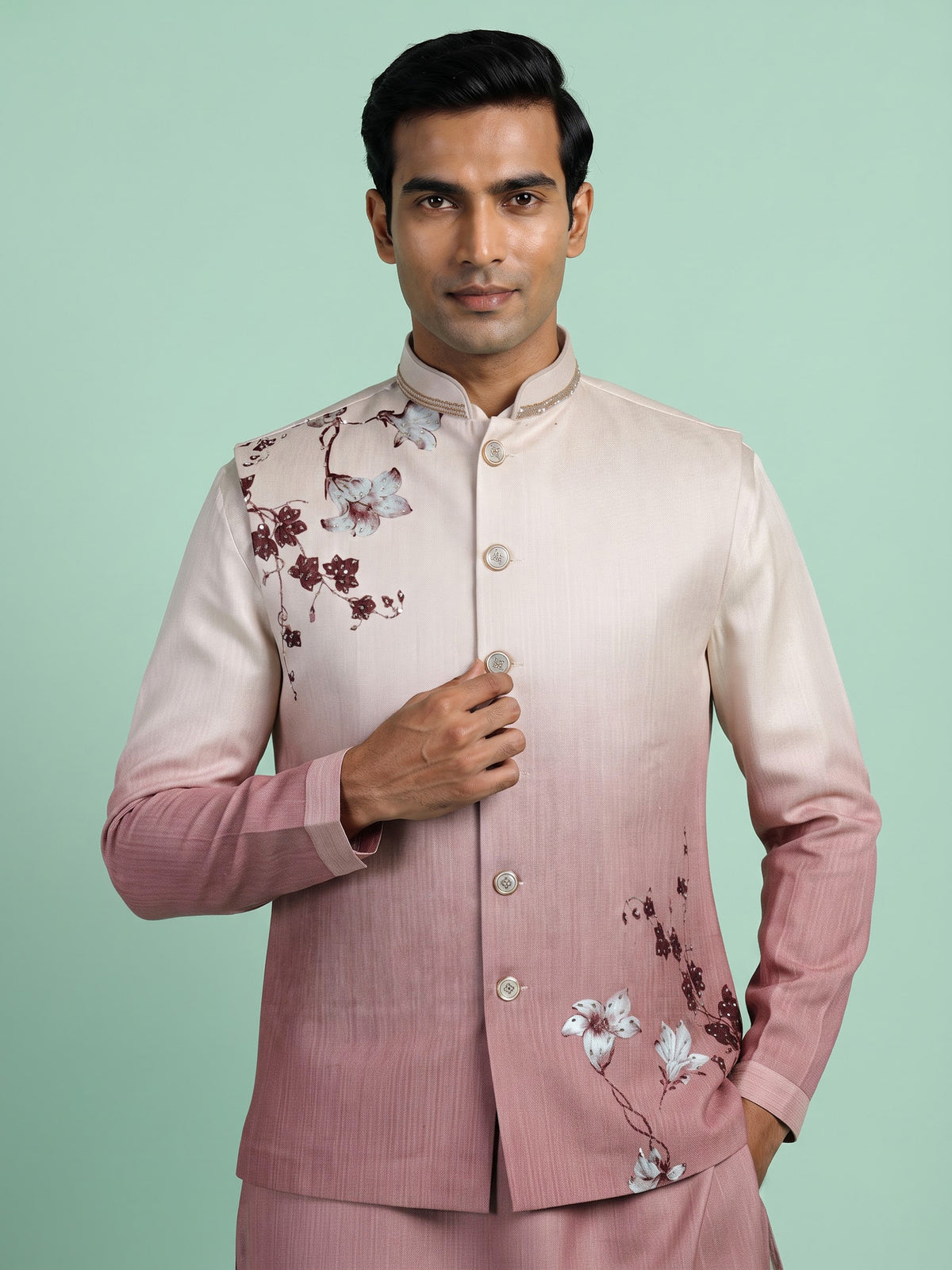 Onion pink ombre floral print silk waistcoat set