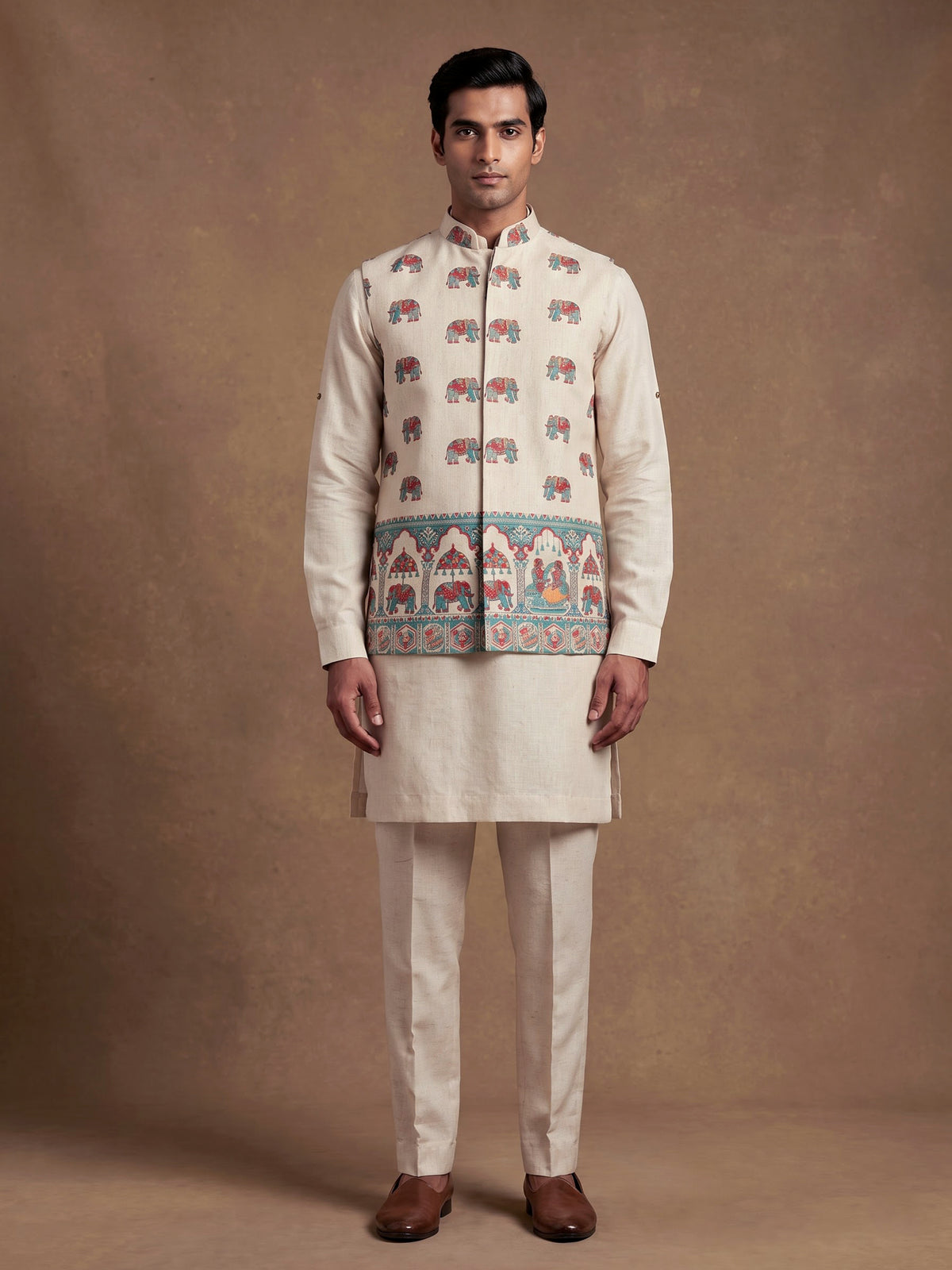Beige royal elephant procession printed waistcoat set