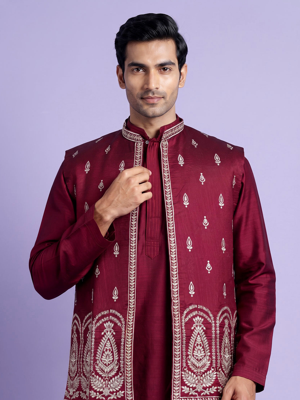 Maroon Kashmiri paisley embroidered Nehru waistcoat set