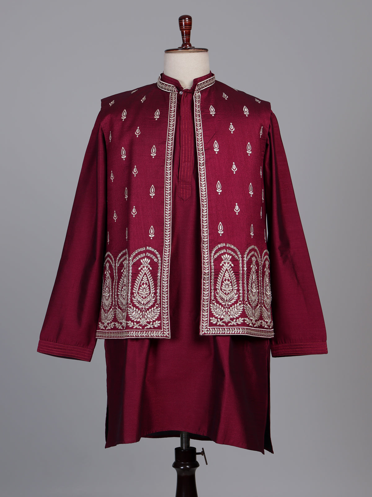 Maroon Kashmiri paisley embroidered Nehru waistcoat set