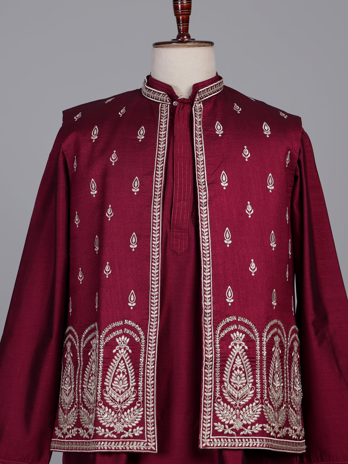 Maroon Kashmiri paisley embroidered Nehru waistcoat set