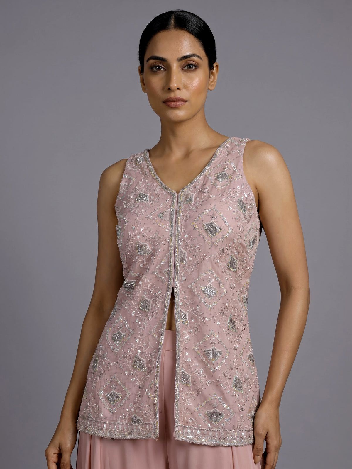 Peach organza and crepe embellished palazzo suit