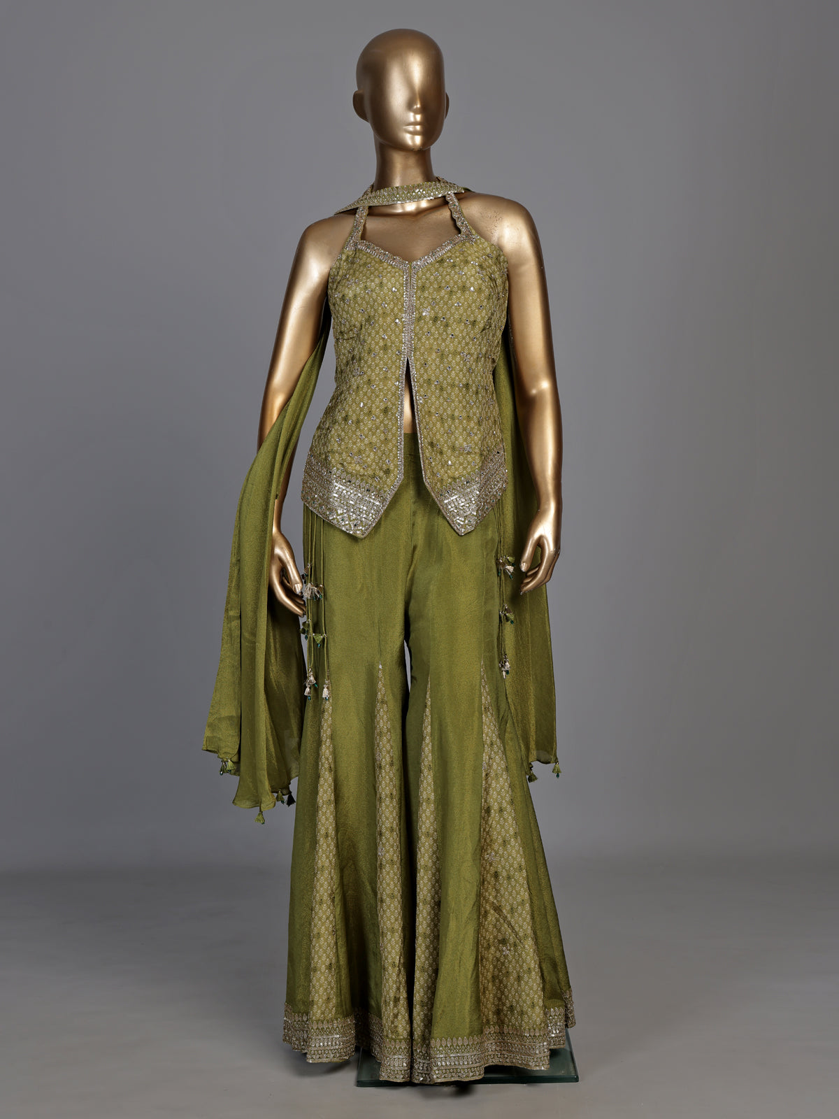 Regal mehendi green silk palazzo suit with zardosi detailing