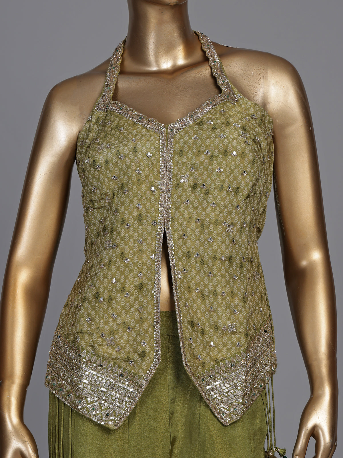 Regal mehendi green silk palazzo suit with zardosi detailing