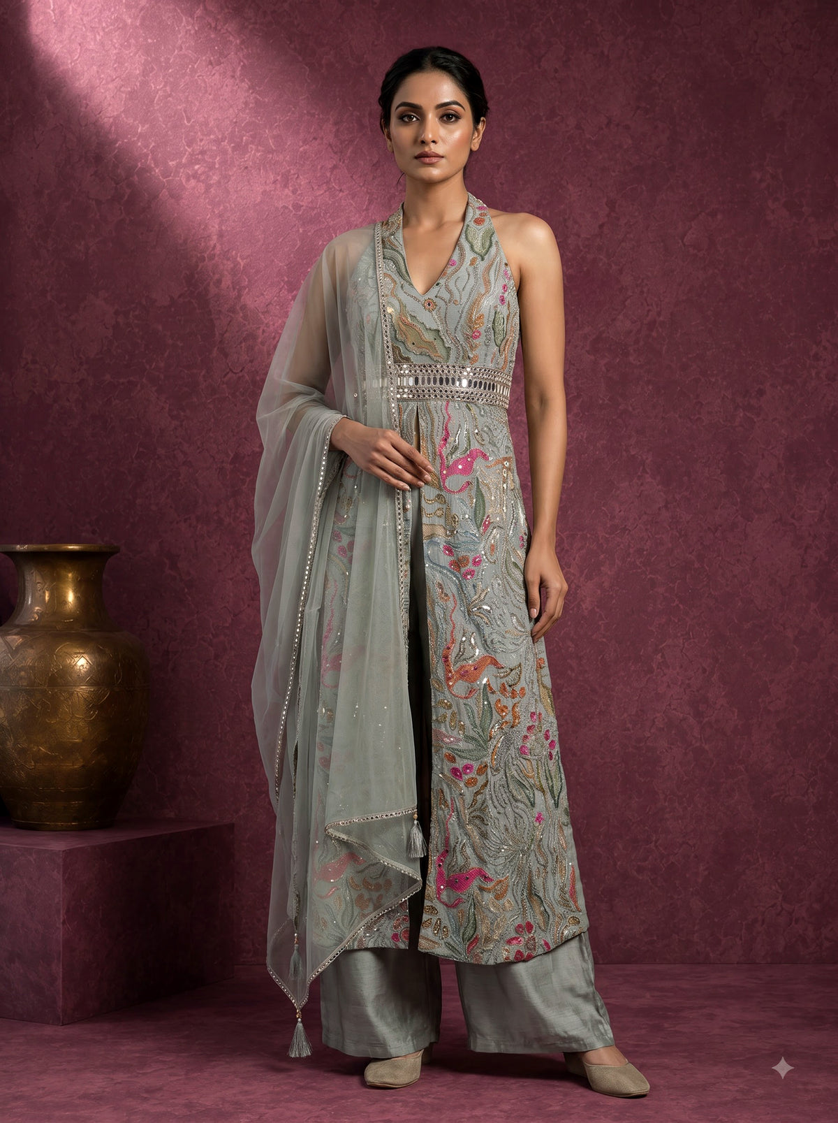 Elegant dusty mint blue anarkali suit with mirror embellishments