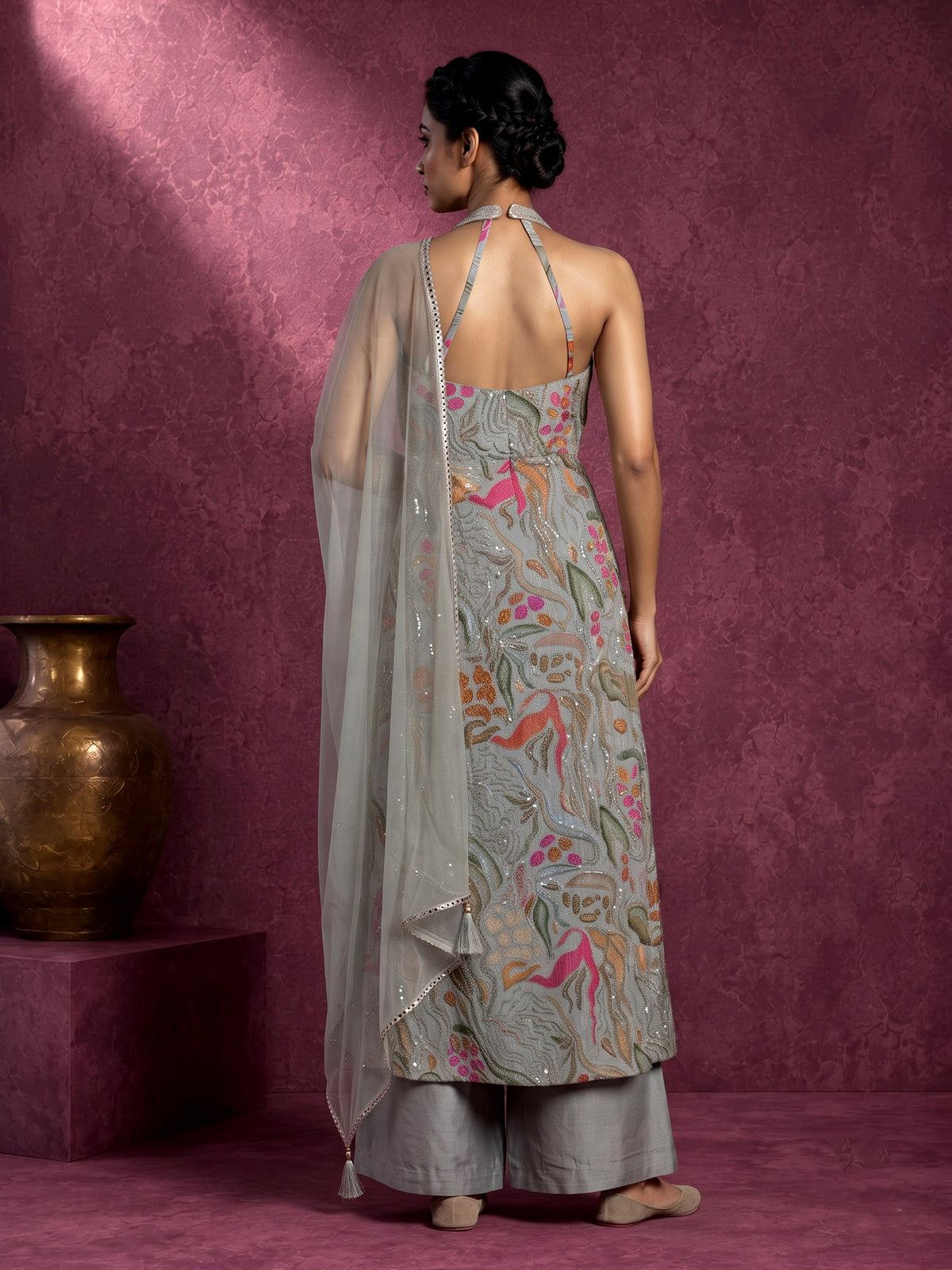 Elegant dusty mint blue anarkali suit with mirror embellishments