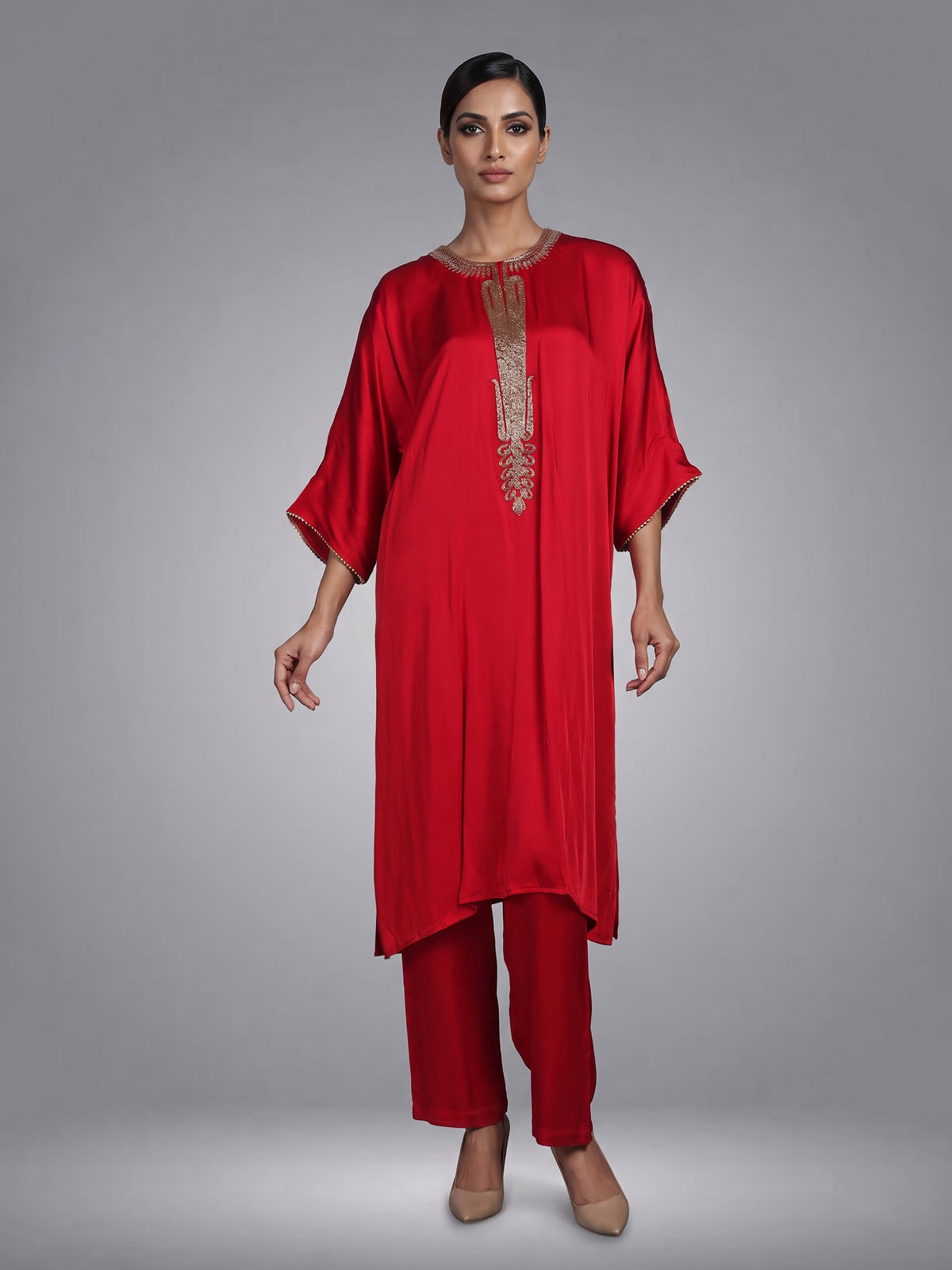 Vibrant red modal satin kurti set with cutdana detailing