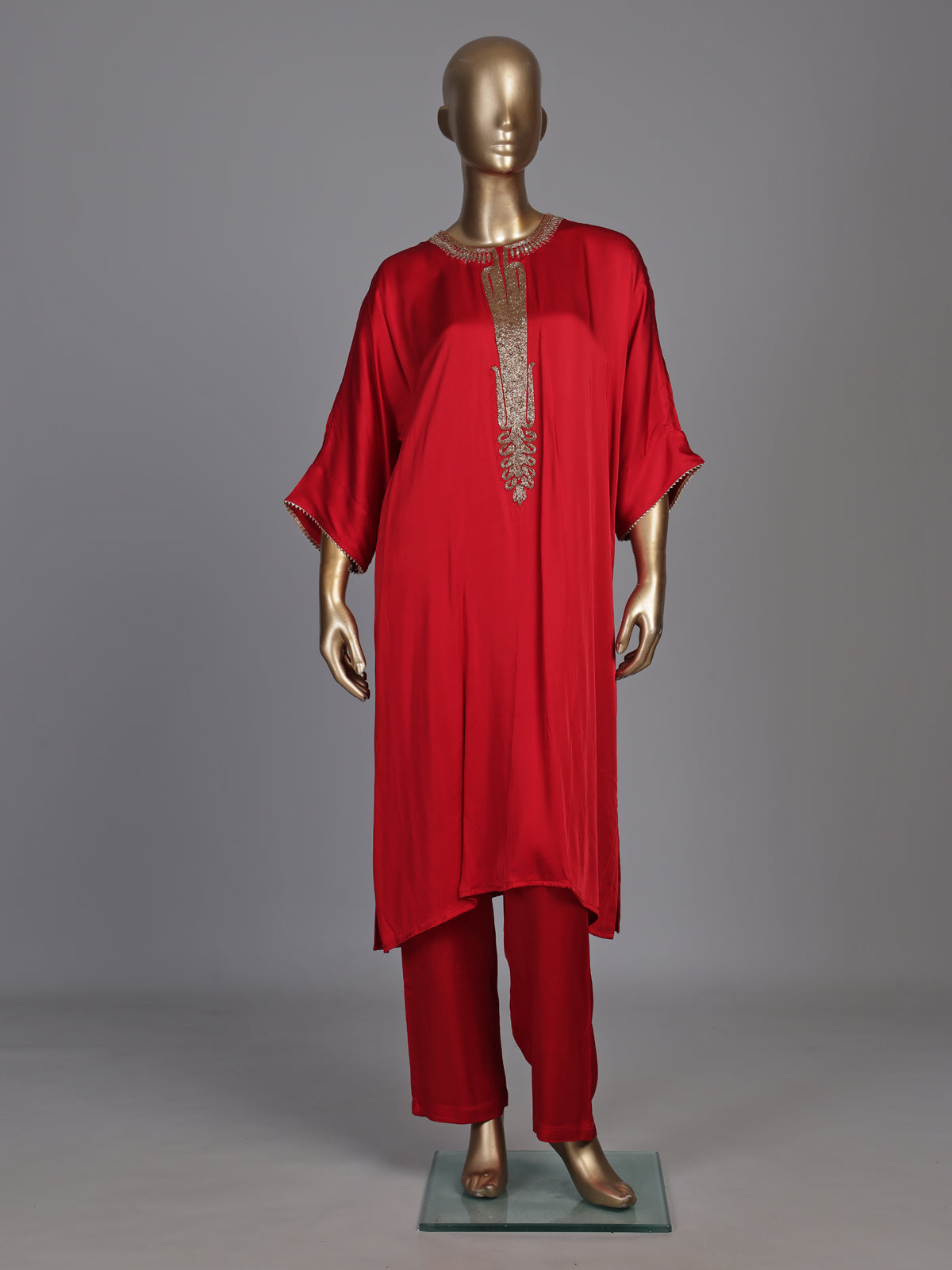 Vibrant red modal satin kurti set with cutdana detailing