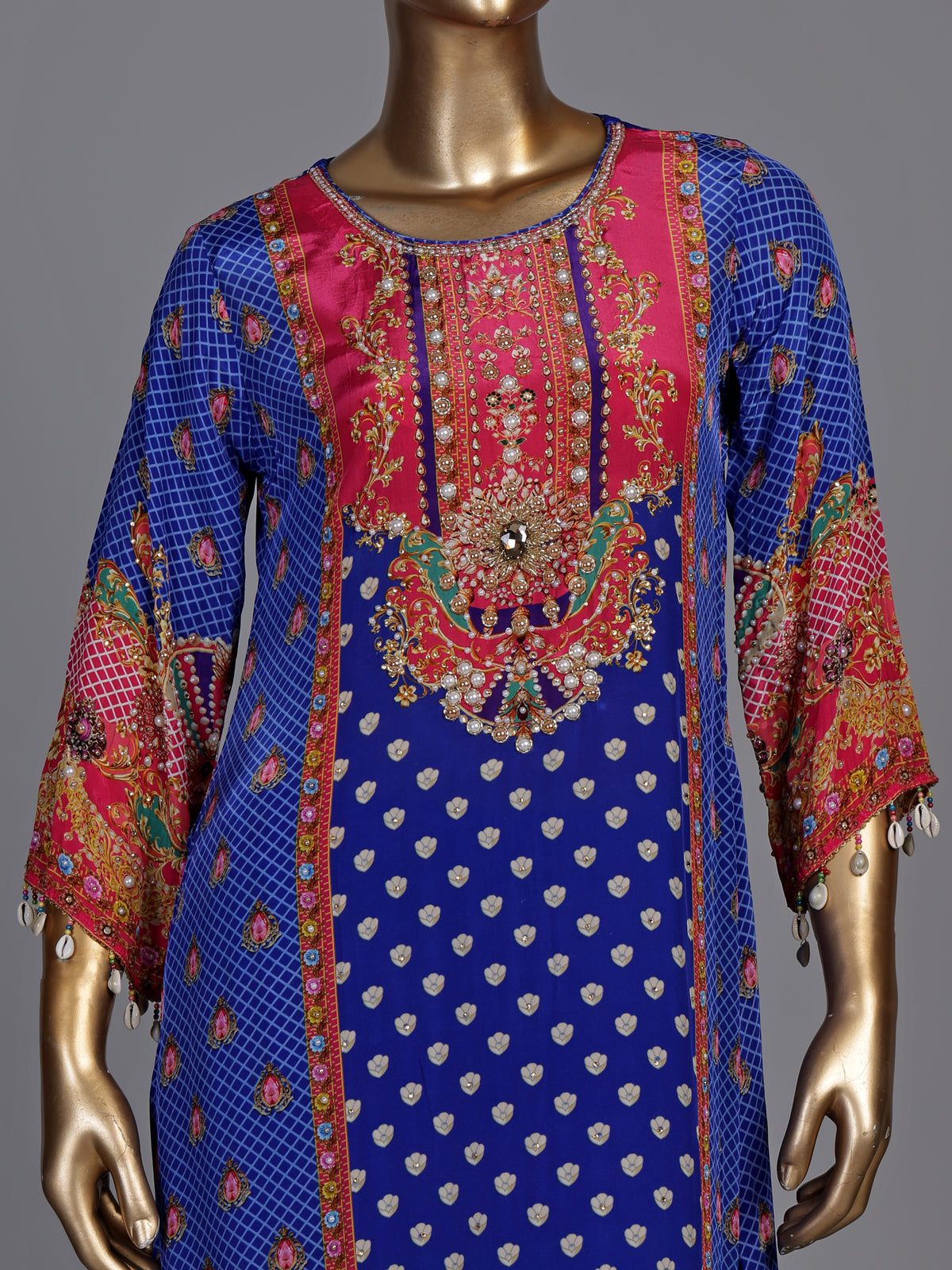 Royal blue pure crepe kurti set with embellished yoke