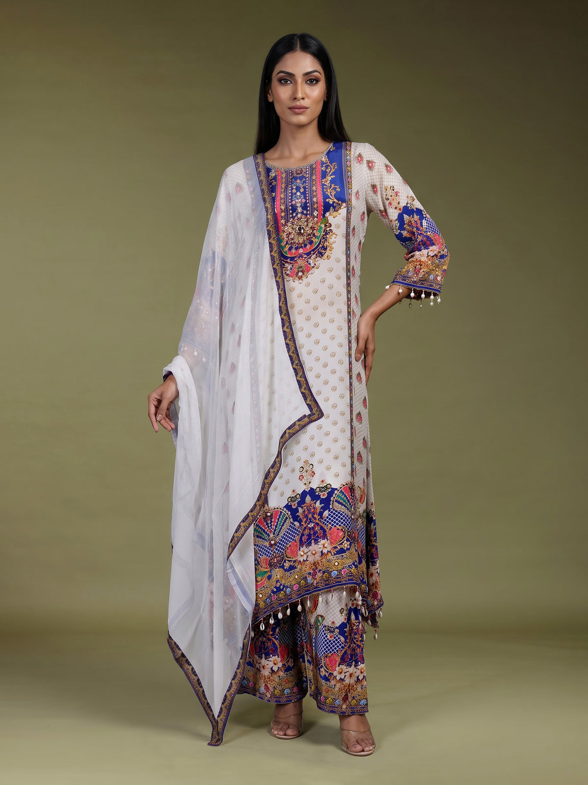 Elegant off-white pure crepe kurti set with zardosi embellishments