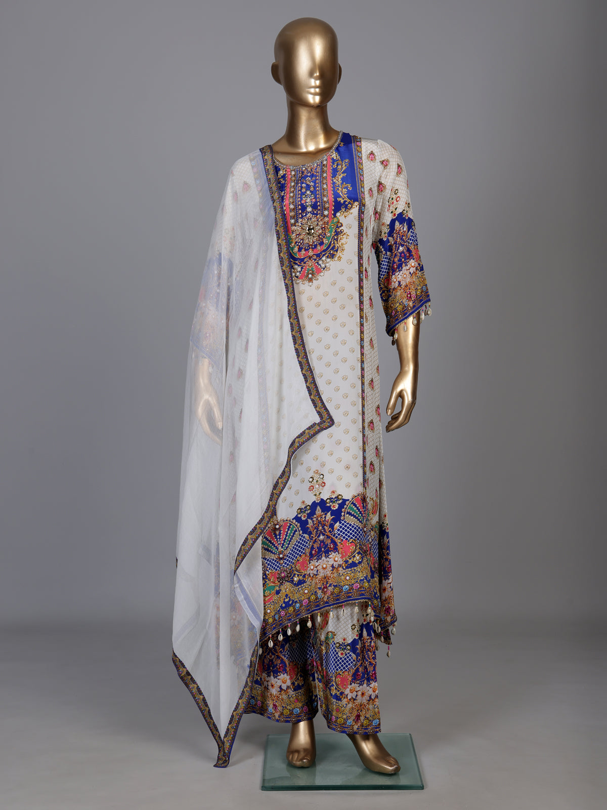 Elegant off-white pure crepe kurti set with zardosi embellishments