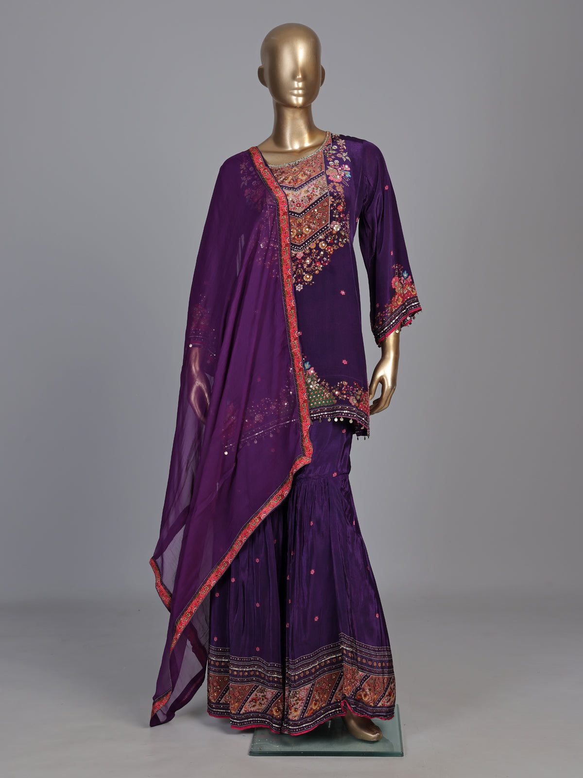 Dark purple satin crepe sharara suit with embellished yoke