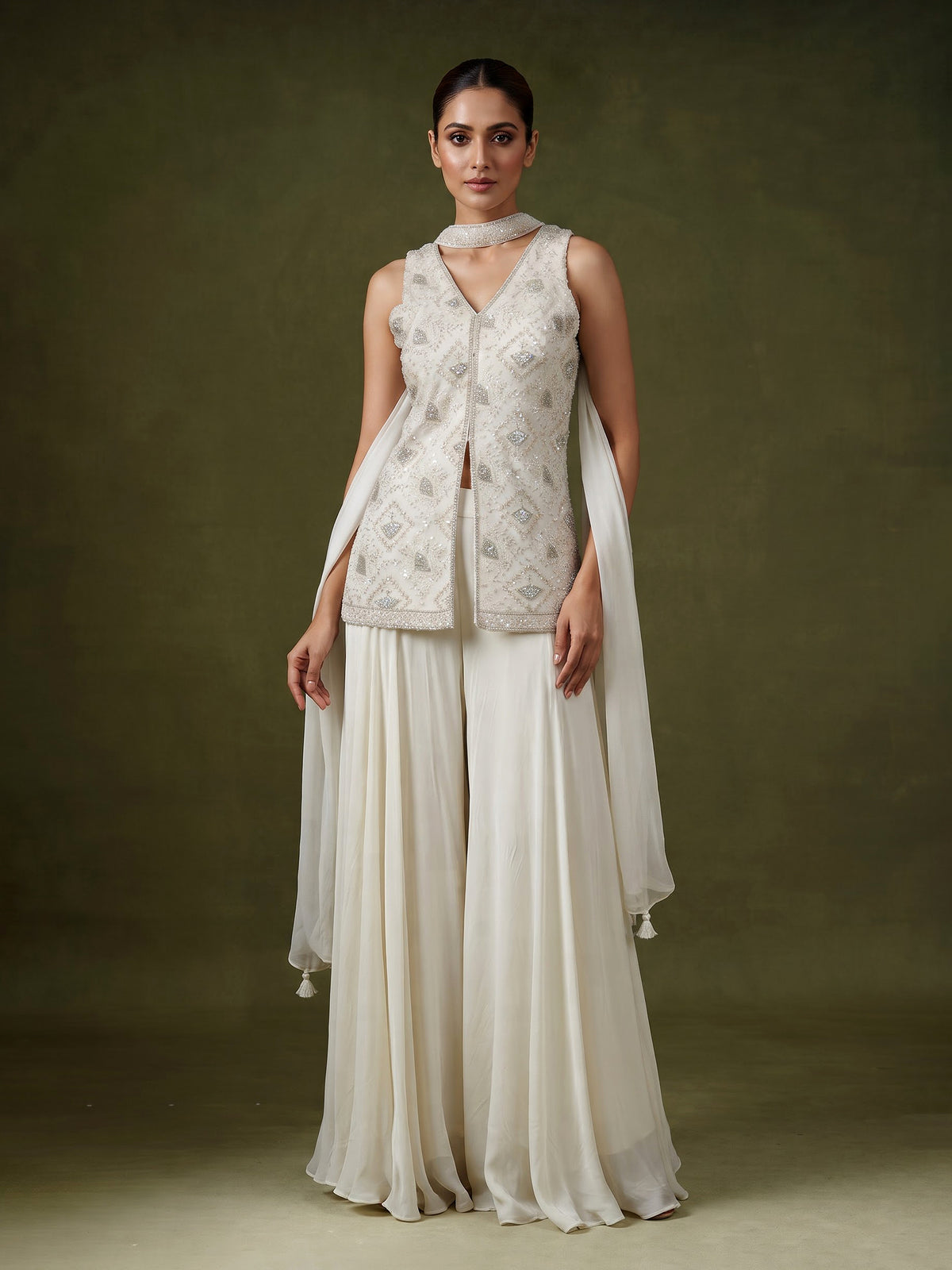 Cream organza and crepe embellished palazzo suit