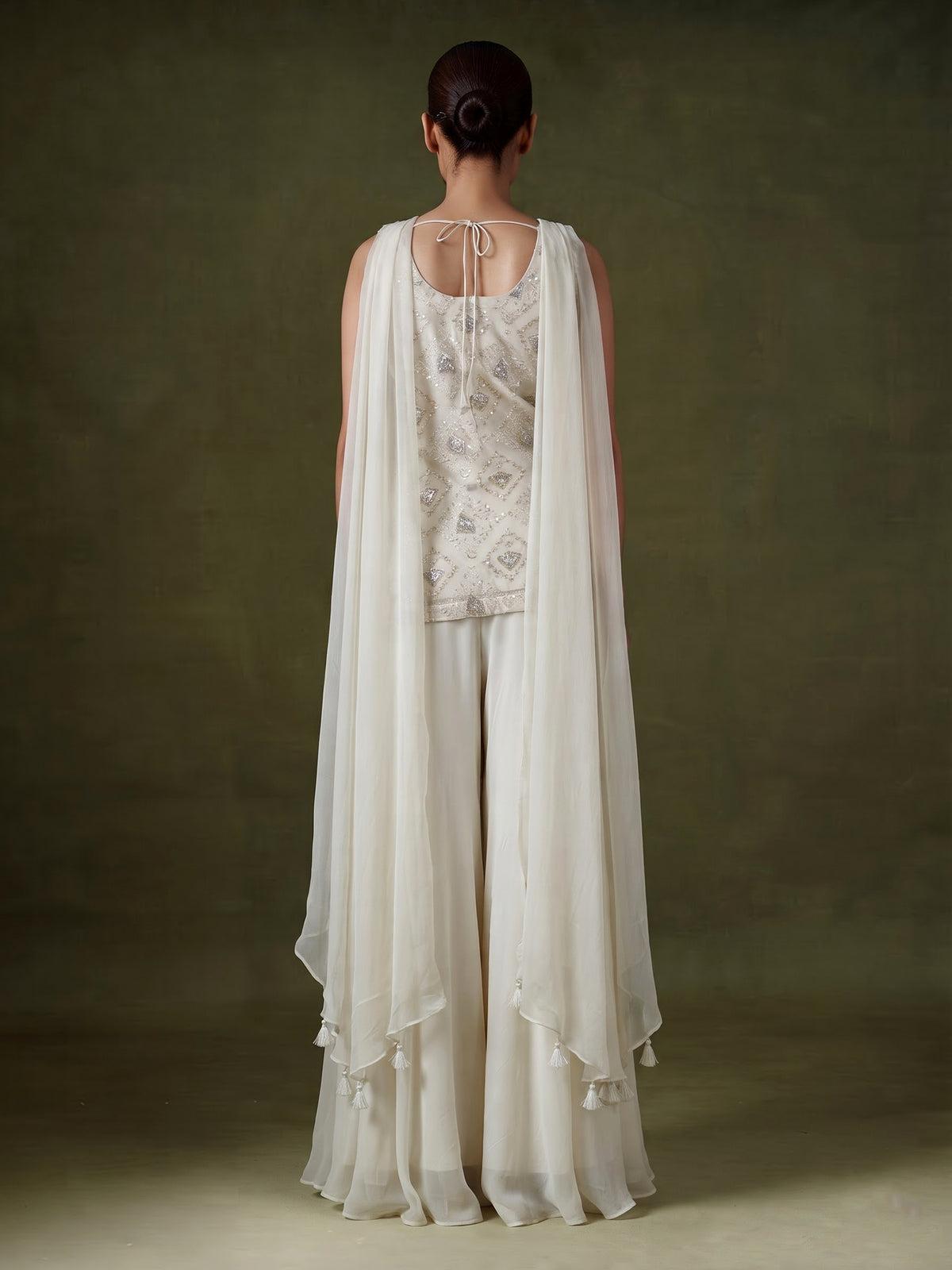 Cream organza and crepe embellished palazzo suit