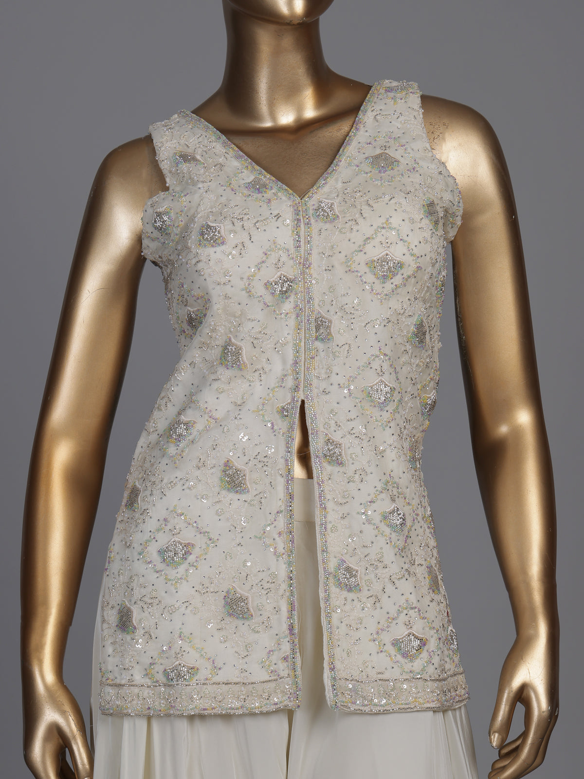 Cream organza and crepe embellished palazzo suit