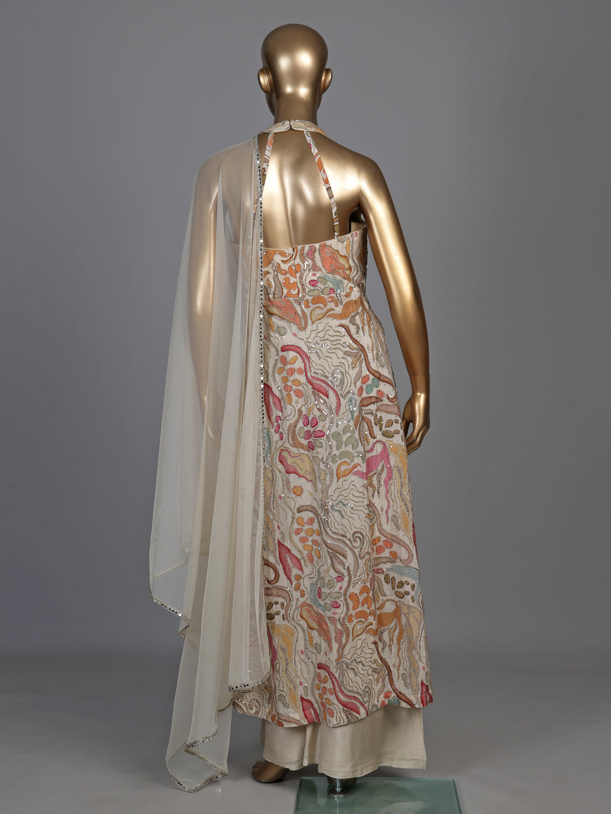 Beige chiffon and raw silk printed anarkali suit