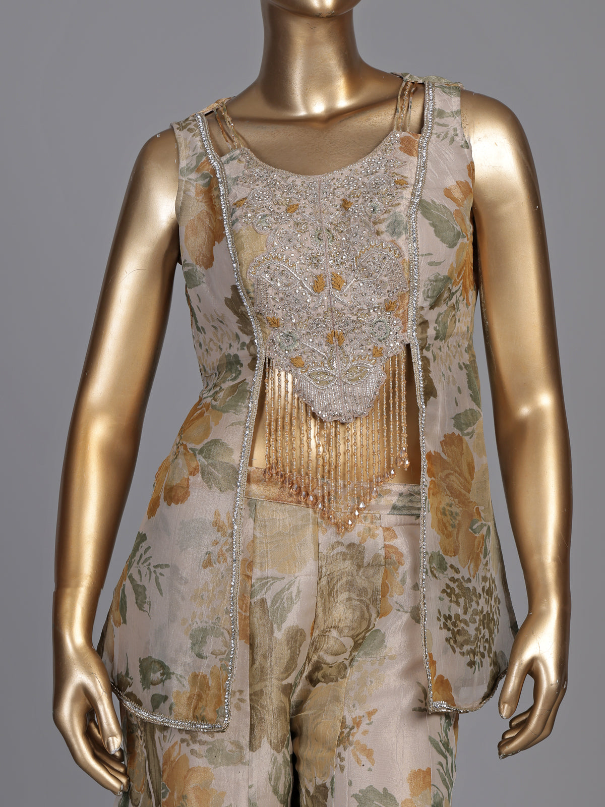 Light grey floral tissue silk palazzo suit with mustard print
