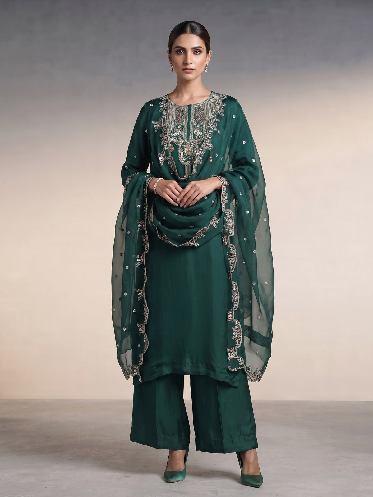 Bottle green satin silk palazzo suit with zardosi tassel work