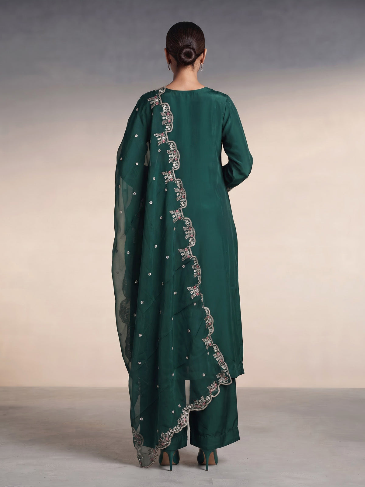 Bottle green satin silk palazzo suit with zardosi tassel work