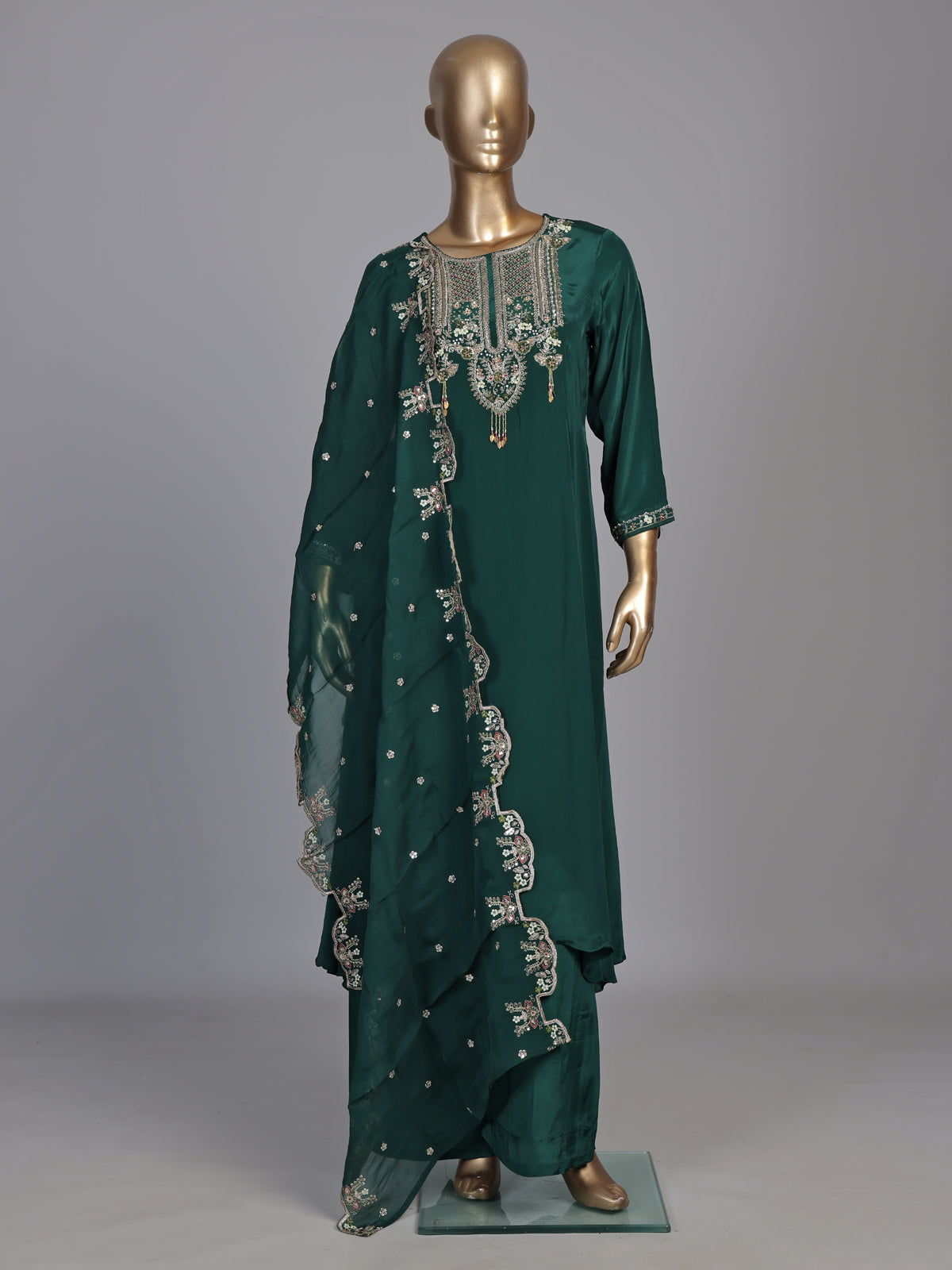 Bottle green satin silk palazzo suit with zardosi tassel work