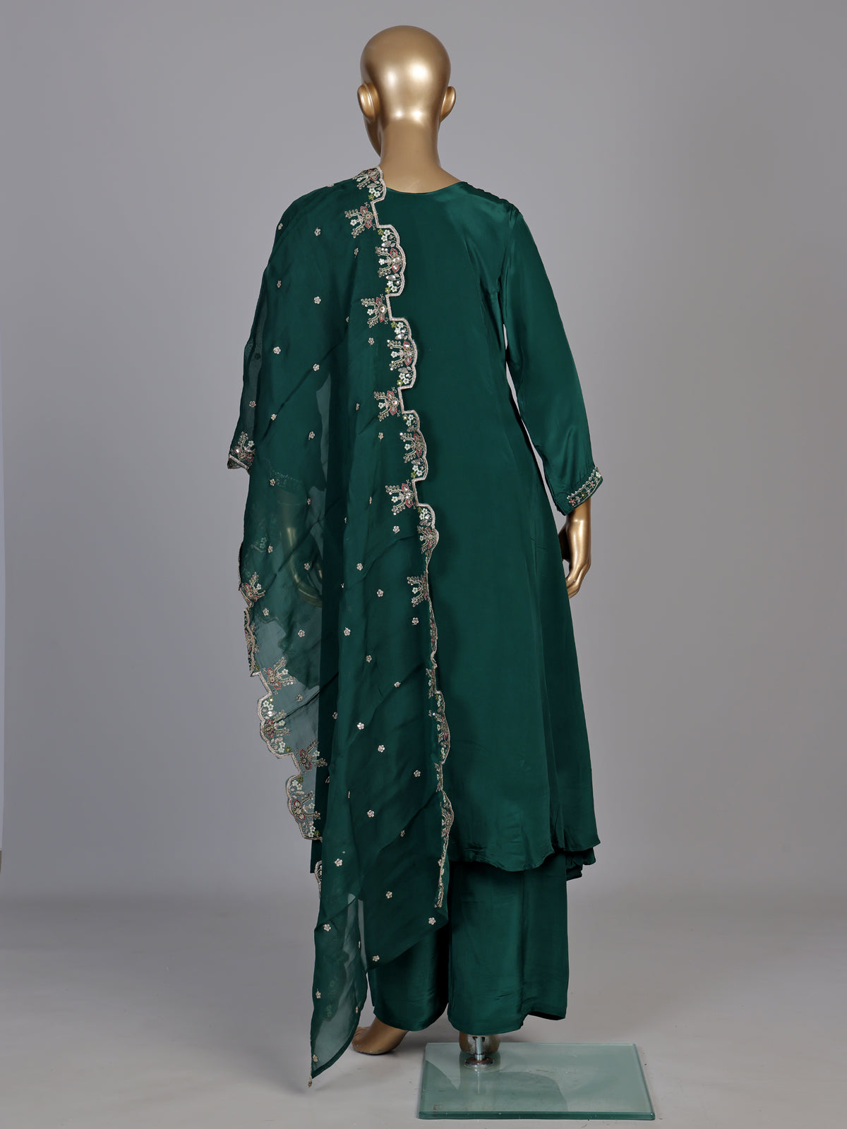 Bottle green satin silk palazzo suit with zardosi tassel work