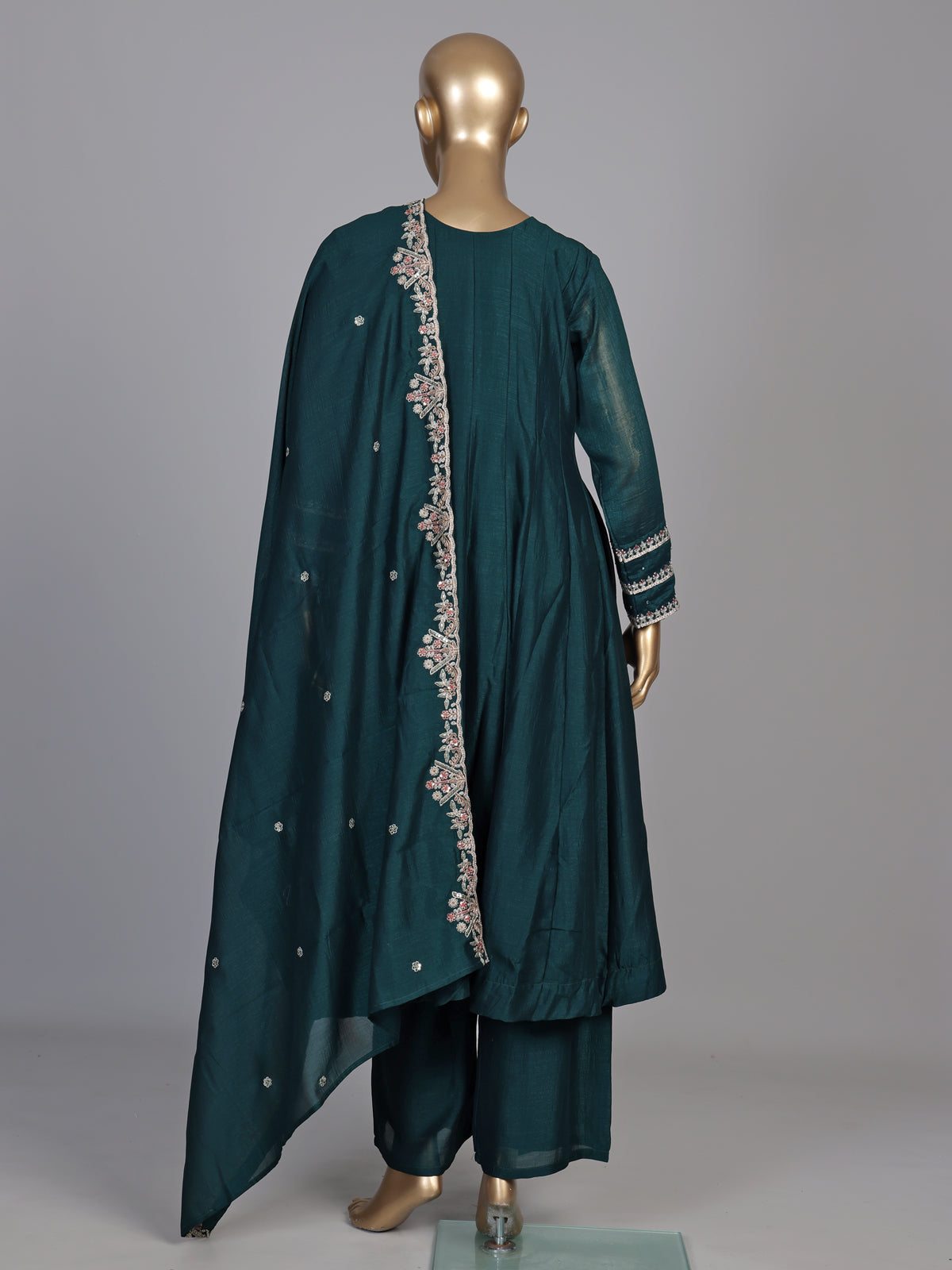Bottle green chanderi silk anarkali suit with embellished sweetheart neckline