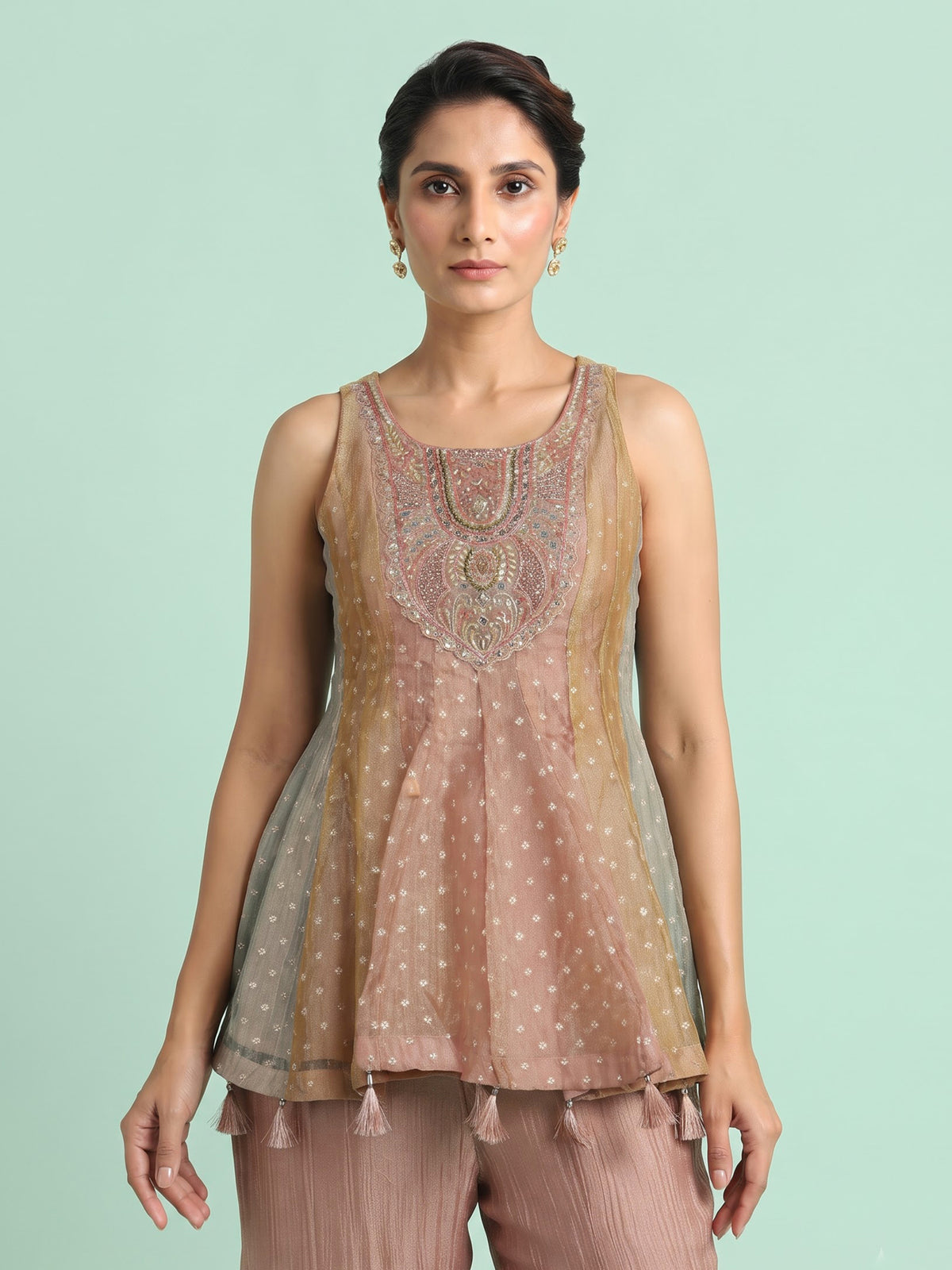 Peach dual-tone lurex tissue suit with zardosi embellished palazzo