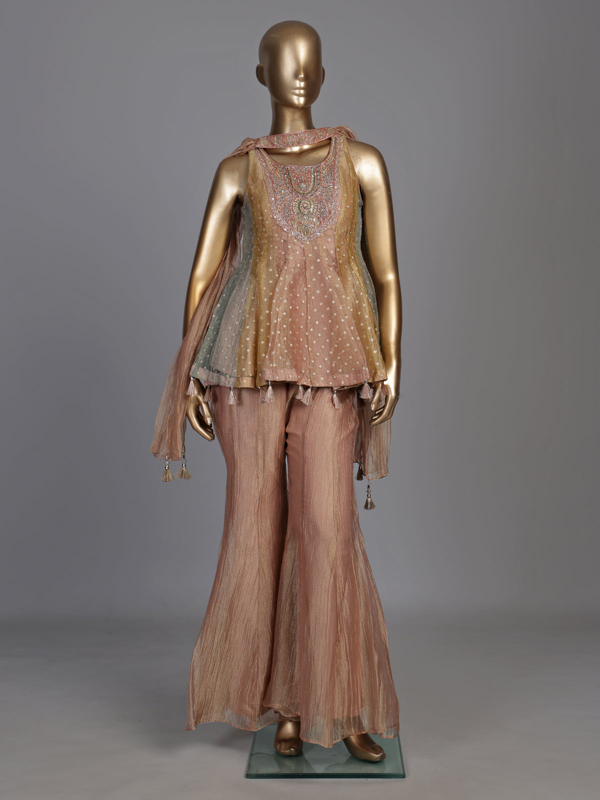 Peach dual-tone lurex tissue suit with zardosi embellished palazzo