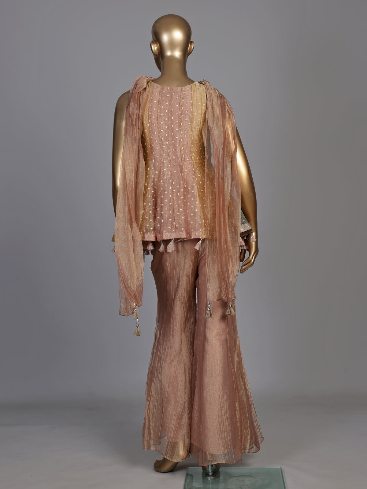 Peach dual-tone lurex tissue suit with zardosi embellished palazzo