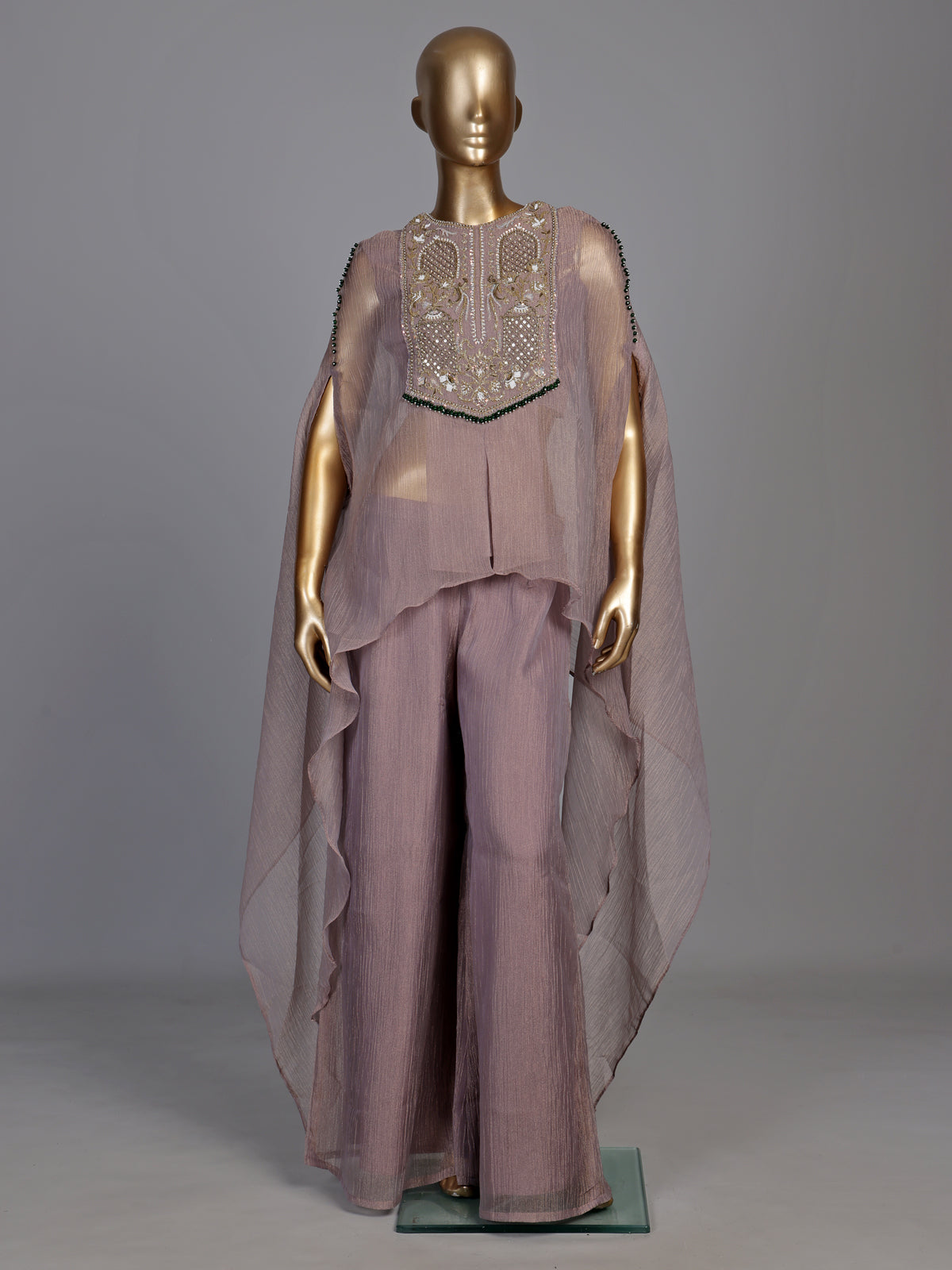 Pastel lavender lurex tissue palazzo suit with embellished yoke