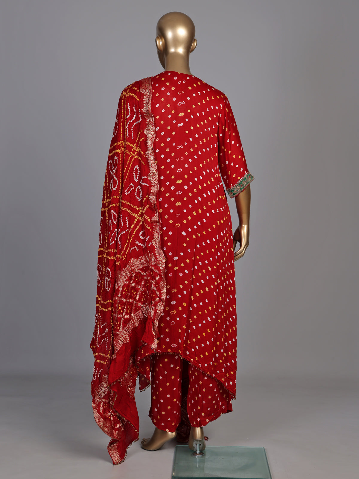 Red pure silk bandhani palazzo suit with zardosi and gota work