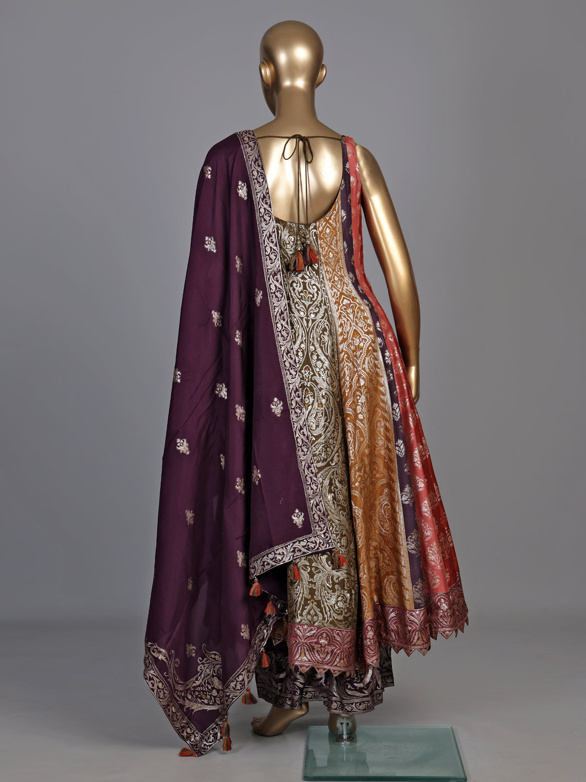 Multicolour banarasi jacquard anarkali suit with palazzo and dupatta