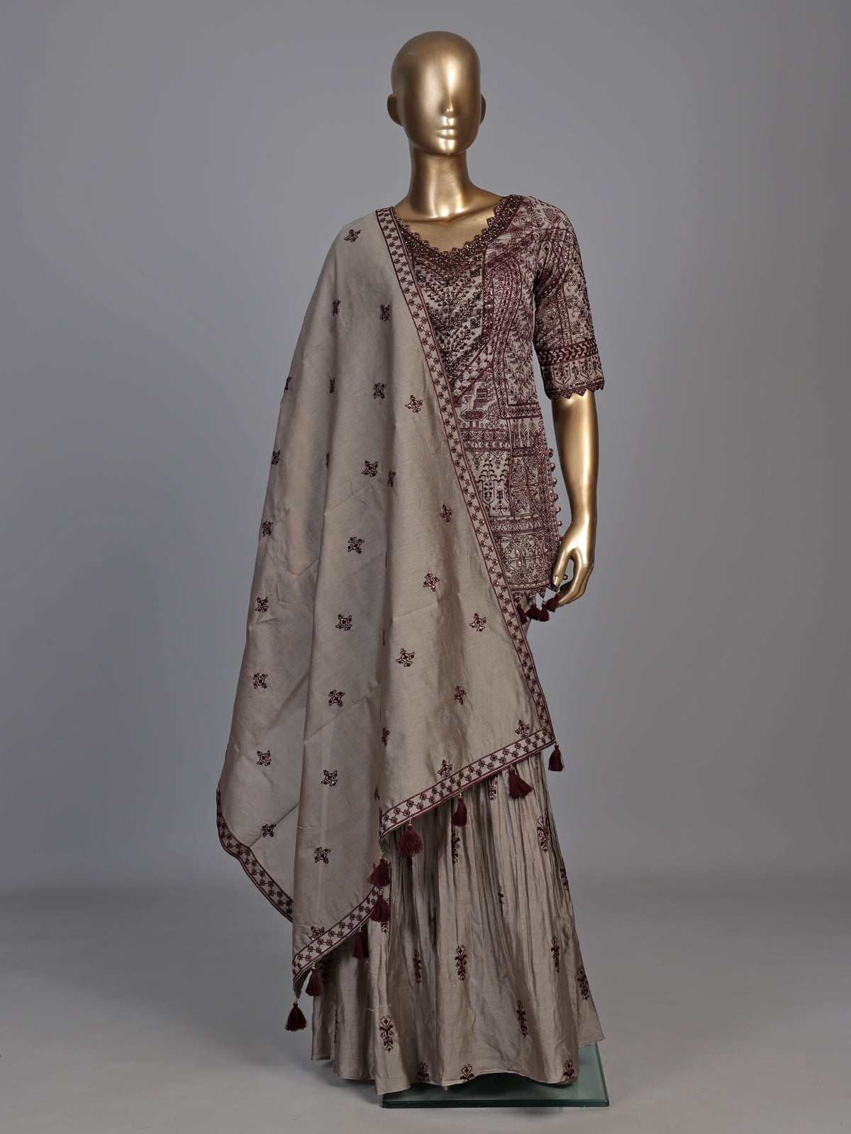 Elegant grey pakistani sharara suit with maroon embroidery and dupatta