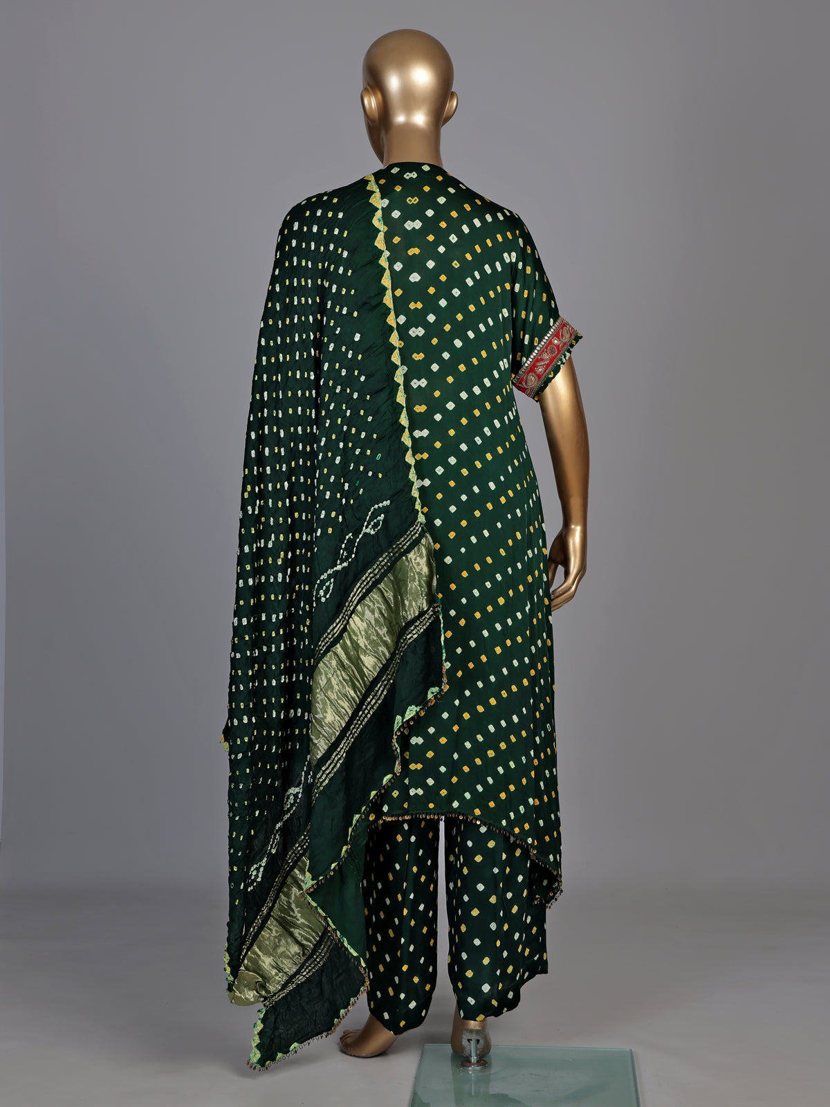 Green pure silk bandhani suit with gota and zardosi embellishments