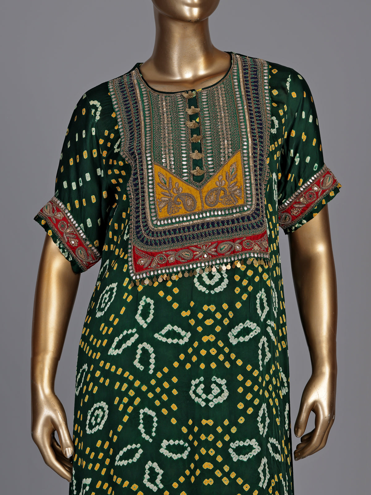 Green pure silk bandhani suit with gota and zardosi embellishments