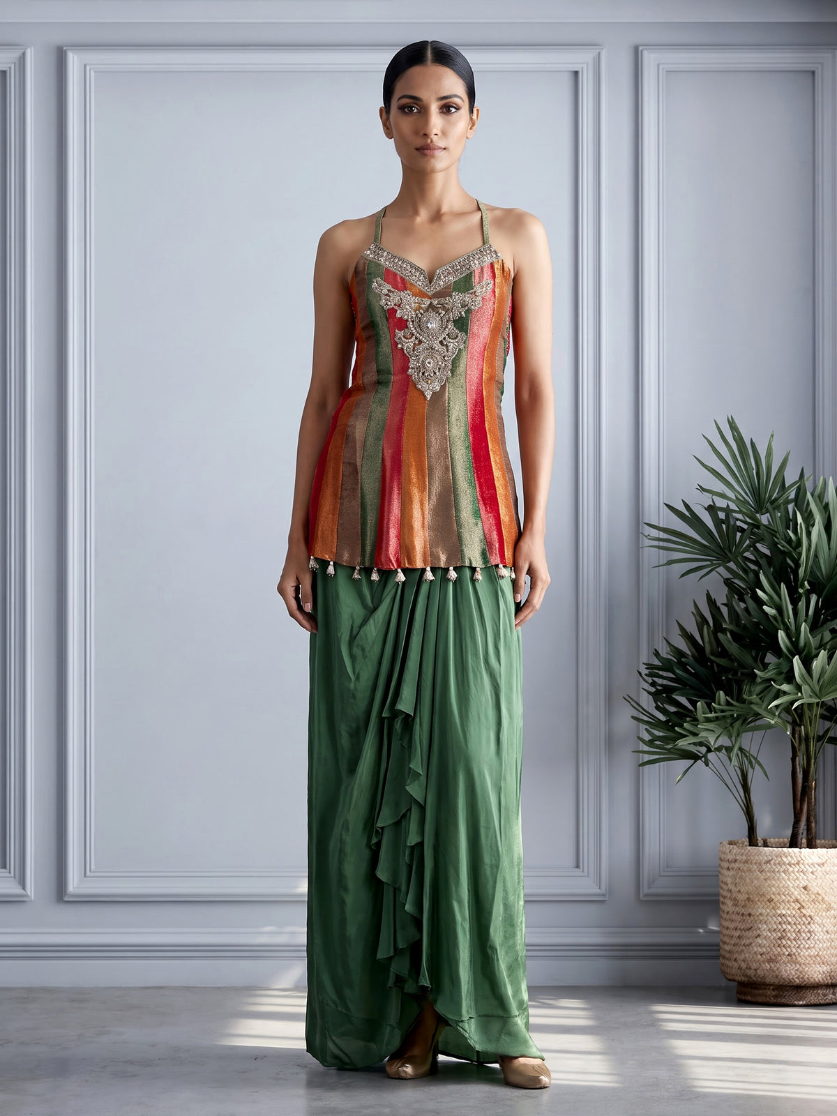 Green brocade silk indo-western suit with embellished top and dupatta