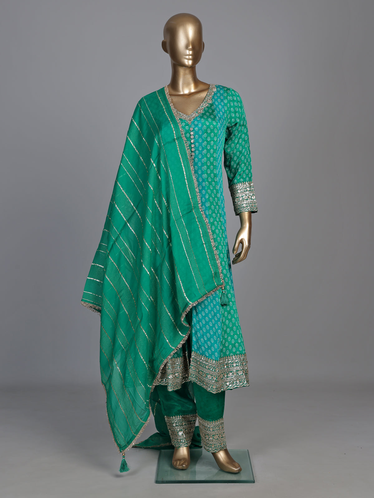 Green modal silk printed anarkali suit with diamond and zardosi work